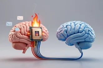 Ilustrácia preťaženia mozgu e-mailmi a notifikáciami verzus čistý, sústredený mozog pri monotaskingu.