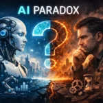 Futuristická ilustrácia zobrazujúca robota a premýšľajúceho muža oproti sebe, oddelených žiariacim otáznikom, symbolizujúcim paradox umelej inteligencie a ľudského myslenia.