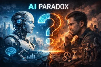 Futuristická ilustrácia zobrazujúca robota a premýšľajúceho muža oproti sebe, oddelených žiariacim otáznikom, symbolizujúcim paradox umelej inteligencie a ľudského myslenia.