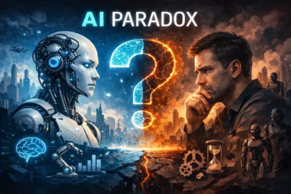 Futuristická ilustrácia zobrazujúca robota a premýšľajúceho muža oproti sebe, oddelených žiariacim otáznikom, symbolizujúcim paradox umelej inteligencie a ľudského myslenia.