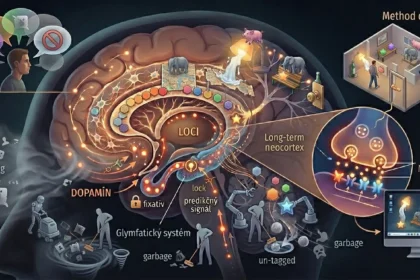 Schéma mozgu zobrazujúca hipokampus, place cells a vplyv dopamínu na dlhodobú potenciáciu (LTP).