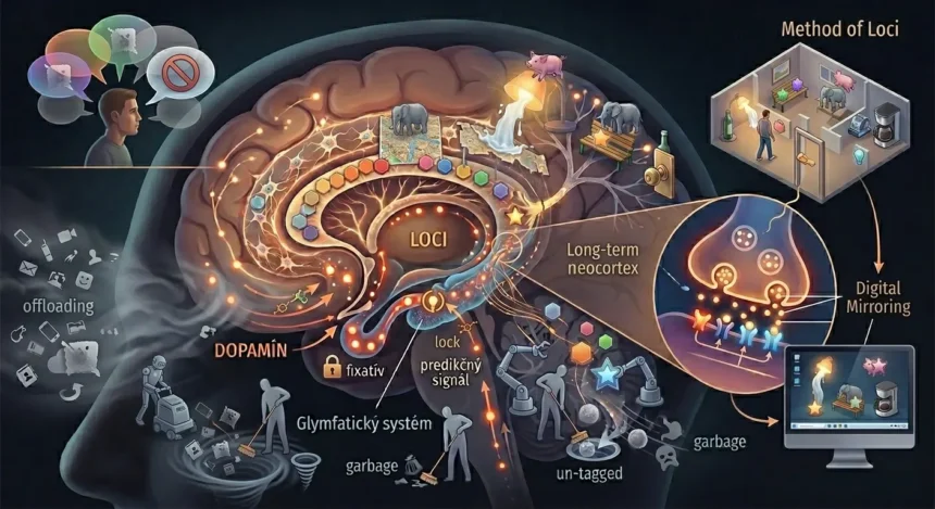 Schéma mozgu zobrazujúca hipokampus, place cells a vplyv dopamínu na dlhodobú potenciáciu (LTP).