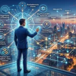 Manažér na mrakodrape s prehľadnou sieťou dát. Vizuálna metafora pre koncept Digitálny exomozog pre manažérov, ktorý eliminuje kognitívne preťaženie a prináša strategický nadhľad.