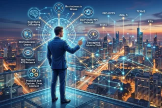 Manažér na mrakodrape s prehľadnou sieťou dát. Vizuálna metafora pre koncept Digitálny exomozog pre manažérov, ktorý eliminuje kognitívne preťaženie a prináša strategický nadhľad.