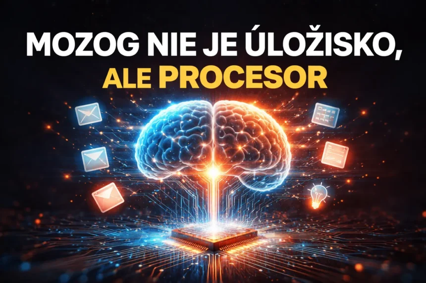 Ilustrácia pre digitálny exomozog znázorňujúca ľudský mozog ako procesor napojený na dáta a úlohy.