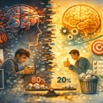 Abstraktná ilustrácia mozgu rozdeleného glitchovou čiarou – ľavá časť zobrazuje stres a zlyhanie, pravá časť úspech a rast, vizualizované symbolmi úspechu a zlatou zónou 80/20, bez textu.