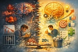 Abstraktná ilustrácia mozgu rozdeleného glitchovou čiarou – ľavá časť zobrazuje stres a zlyhanie, pravá časť úspech a rast, vizualizované symbolmi úspechu a zlatou zónou 80/20, bez textu.