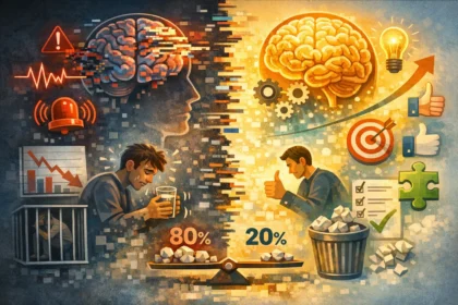 Abstraktná ilustrácia mozgu rozdeleného glitchovou čiarou – ľavá časť zobrazuje stres a zlyhanie, pravá časť úspech a rast, vizualizované symbolmi úspechu a zlatou zónou 80/20, bez textu.