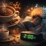 Ilustrácia znázorňujúca účinok kofeínu na spánok – večerná káva blokuje adenozín, mozog nemá plnú regeneráciu a vzniká „caffeine crash