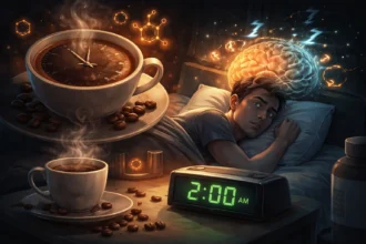 Ilustrácia znázorňujúca účinok kofeínu na spánok – večerná káva blokuje adenozín, mozog nemá plnú regeneráciu a vzniká „caffeine crash