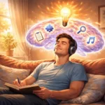 Muž uvoľnene sedí so zavretými očami, nad hlavou sa mu rozsvieti nápad ako symbol kreativity a „aha momentu