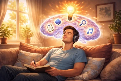 Muž uvoľnene sedí so zavretými očami, nad hlavou sa mu rozsvieti nápad ako symbol kreativity a „aha momentu