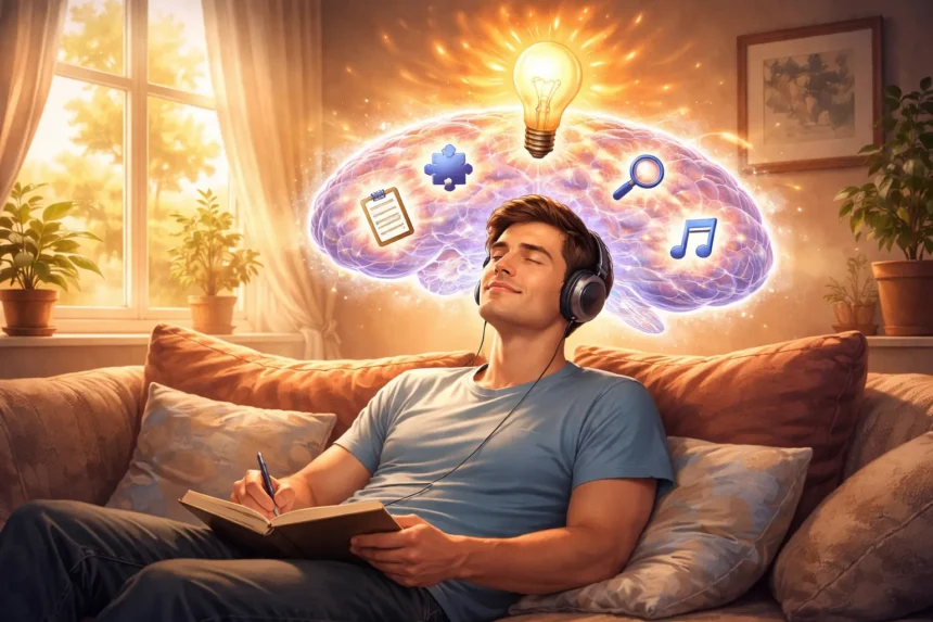 Muž uvoľnene sedí so zavretými očami, nad hlavou sa mu rozsvieti nápad ako symbol kreativity a „aha momentu