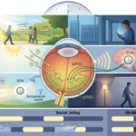 Infografika zobrazujúca vplyv svetla na ipRGC bunky v oku, SCN v mozgu a pravidlá pre ranný a večerný cirkadiánny rytmus.