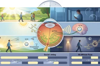 Infografika zobrazujúca vplyv svetla na ipRGC bunky v oku, SCN v mozgu a pravidlá pre ranný a večerný cirkadiánny rytmus.
