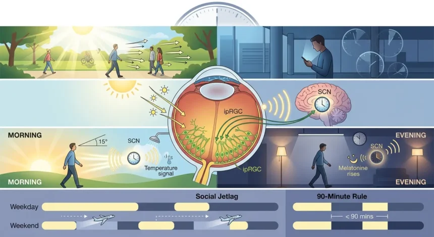 Infografika zobrazujúca vplyv svetla na ipRGC bunky v oku, SCN v mozgu a pravidlá pre ranný a večerný cirkadiánny rytmus.