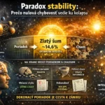 Ilustrácia znázorňujúca paradox stability: planéty obiehajú v jemnej nerovnováhe, vedľa fraktálnej neurónovej siete a mozgu, ukazujúca optimálnu mieru chyby (~14,6 %) medzi poriadkom a chaosom, tzv. Zlatý šum, kľúč k inteligencii a adaptabilite.