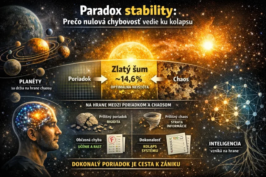 Ilustrácia znázorňujúca paradox stability: planéty obiehajú v jemnej nerovnováhe, vedľa fraktálnej neurónovej siete a mozgu, ukazujúca optimálnu mieru chyby (~14,6 %) medzi poriadkom a chaosom, tzv. Zlatý šum, kľúč k inteligencii a adaptabilite.
