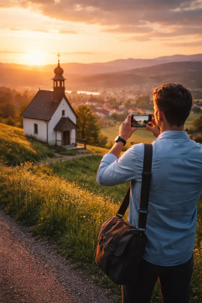 Muž počas rutinného návratu z práce zastavuje pri malebnej slovenskej kaplnke a fotí výnimočný moment. Ilustruje princíp tvorby chronologických kotiev a spomalenia subjektívneho plynutia času.