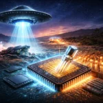 Ilustrácia spojenia legendy o Roswell UFO s vynálezom tranzistora a vývojom moderných kremíkových čipov.