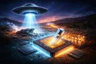 Ilustrácia spojenia legendy o Roswell UFO s vynálezom tranzistora a vývojom moderných kremíkových čipov.