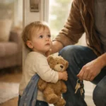 Batoľa drží plyšového medvedíka (vizuálna kotva) a modrú šatku, zatiaľ čo rodič pri dverách drží kľúče od auta.