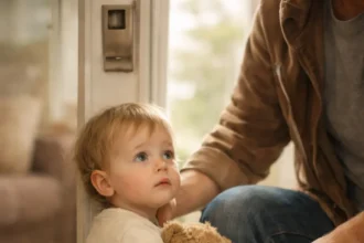 Batoľa drží plyšového medvedíka (vizuálna kotva) a modrú šatku, zatiaľ čo rodič pri dverách drží kľúče od auta.