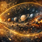 Slnečná sústava usporiadaná do Fibonacciho špirály so zobrazením planét, asteroidového pásu a dynamických kolízií v kozme, znázorňujúca fraktálne a geometrické princípy vo vesmíre.