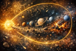 Slnečná sústava usporiadaná do Fibonacciho špirály so zobrazením planét, asteroidového pásu a dynamických kolízií v kozme, znázorňujúca fraktálne a geometrické princípy vo vesmíre.