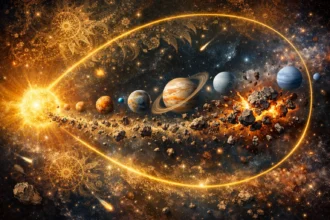 Slnečná sústava usporiadaná do Fibonacciho špirály so zobrazením planét, asteroidového pásu a dynamických kolízií v kozme, znázorňujúca fraktálne a geometrické princípy vo vesmíre.