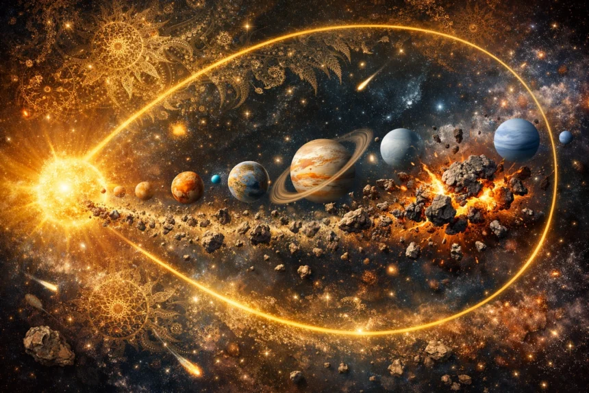 Slnečná sústava usporiadaná do Fibonacciho špirály so zobrazením planét, asteroidového pásu a dynamických kolízií v kozme, znázorňujúca fraktálne a geometrické princípy vo vesmíre.