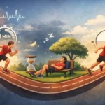 Ilustrácia znázorňujúca ultradiánne cykly a sústredenie: bežec na sínusoidnej dráhe strieda 90-minútové bloky intenzívnej aktivity s fázami odpočinku na lavičke.