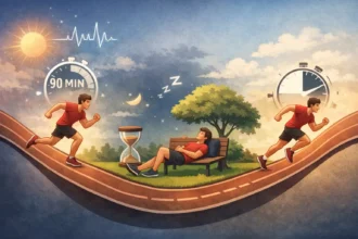 Ilustrácia znázorňujúca ultradiánne cykly a sústredenie: bežec na sínusoidnej dráhe strieda 90-minútové bloky intenzívnej aktivity s fázami odpočinku na lavičke.