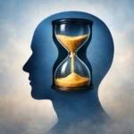 Umelecká ilustrácia modrej siluety ľudskej hlavy z profilu, v ktorej strede sú umiestnené klasické presýpacie hodiny s padajúcim zlatým pieskom, symbolizujúce kognitívne spracovanie a vnímanie času v mozgu.
