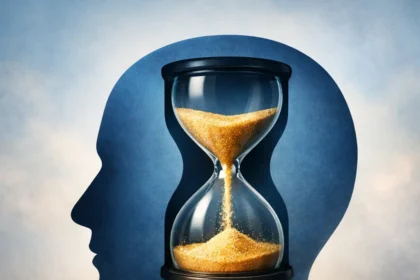 Umelecká ilustrácia modrej siluety ľudskej hlavy z profilu, v ktorej strede sú umiestnené klasické presýpacie hodiny s padajúcim zlatým pieskom, symbolizujúce kognitívne spracovanie a vnímanie času v mozgu.