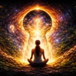 Žena sediaca v meditácii pred rozžiareným portálom v tvare kľúčovej dierky, ktorý symbolizuje introspektívny pohľad do vlastného vnútra a sebapoznanie.