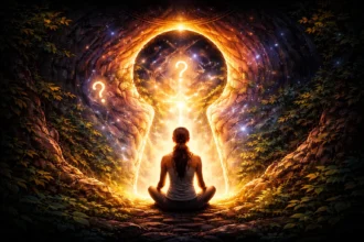 Žena sediaca v meditácii pred rozžiareným portálom v tvare kľúčovej dierky, ktorý symbolizuje introspektívny pohľad do vlastného vnútra a sebapoznanie.