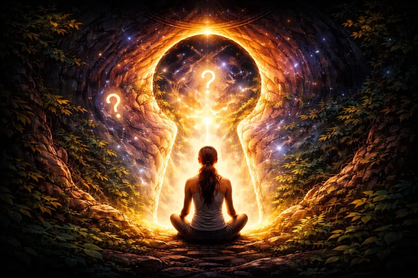 Žena sediaca v meditácii pred rozžiareným portálom v tvare kľúčovej dierky, ktorý symbolizuje introspektívny pohľad do vlastného vnútra a sebapoznanie.