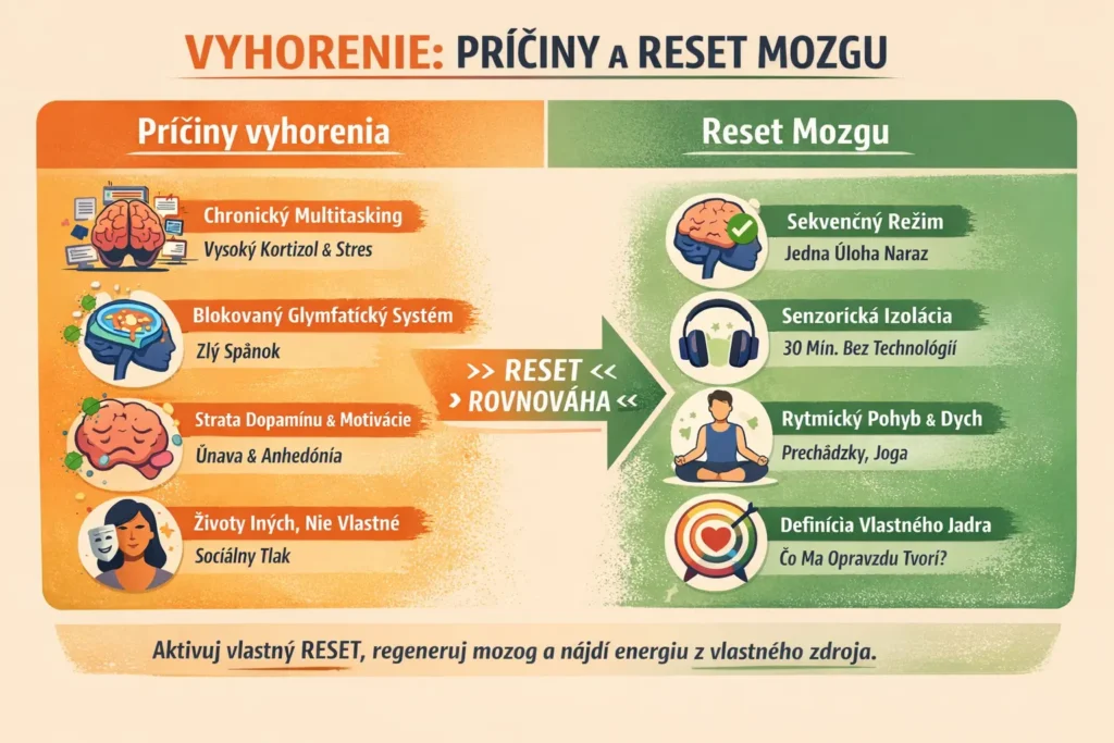 Infografika zobrazujúca hlavné neurobiologické príčiny vyhorenia a jednoduché kroky, ktoré pomáhajú mozgu obnoviť rovnováhu.