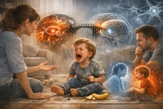 Záchvat hnevu u trojročného dieťaťa a pokojná reakcia rodiča podľa neurovedy.