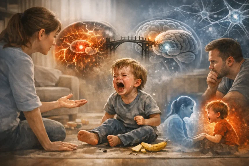 Záchvat hnevu u trojročného dieťaťa a pokojná reakcia rodiča podľa neurovedy.