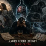 Dramatická koláž zobrazujúca deštruktívny vplyv alkoholu na život a zdravie. V strede sedí muž v zúfalstve pred pohárom whisky. Nad ním je fľaša, v ktorej je uväznený ľudský mozog a črevá, čo symbolizuje os črevo-mozog. Okolo sú scény rozpadu rodiny, hádok pred dieťaťom, choroby v nemocnici a náhrobok s nápisom „Mohol to byť iný príbeh“. Kontrast medzi šťastnou minulosťou na fotografii a drsnou realitou závislosti.