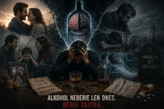 Dramatická koláž zobrazujúca deštruktívny vplyv alkoholu na život a zdravie. V strede sedí muž v zúfalstve pred pohárom whisky. Nad ním je fľaša, v ktorej je uväznený ľudský mozog a črevá, čo symbolizuje os črevo-mozog. Okolo sú scény rozpadu rodiny, hádok pred dieťaťom, choroby v nemocnici a náhrobok s nápisom „Mohol to byť iný príbeh“. Kontrast medzi šťastnou minulosťou na fotografii a drsnou realitou závislosti.