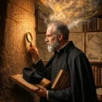 Ilustrácia jezuitského učenca Athanasia Kirchera, ktorý s lupou a knihou mýlne interpretuje hieroglyfy. Nad jeho hlavou stúpa dym plný mystických symbolov, ktoré vidí len on.