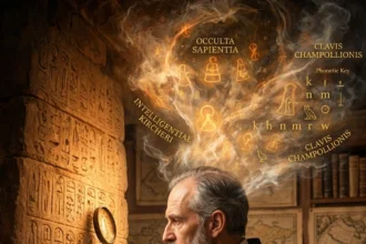 Ilustrácia jezuitského učenca Athanasia Kirchera, ktorý s lupou a knihou mýlne interpretuje hieroglyfy. Nad jeho hlavou stúpa dym plný mystických symbolov, ktoré vidí len on.