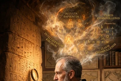 Ilustrácia jezuitského učenca Athanasia Kirchera, ktorý s lupou a knihou mýlne interpretuje hieroglyfy. Nad jeho hlavou stúpa dym plný mystických symbolov, ktoré vidí len on.