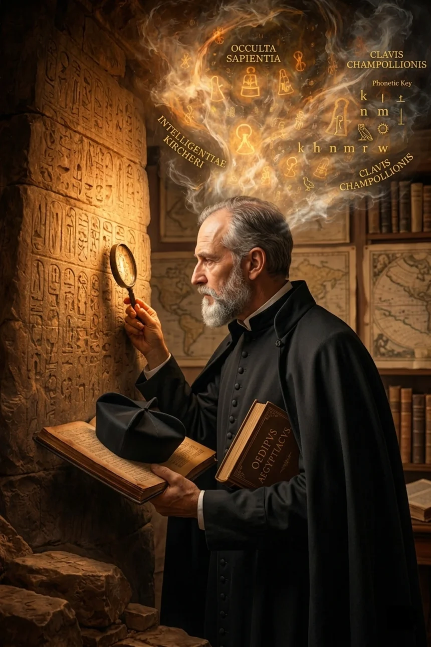 Ilustrácia jezuitského učenca Athanasia Kirchera, ktorý s lupou a knihou mýlne interpretuje hieroglyfy. Nad jeho hlavou stúpa dym plný mystických symbolov, ktoré vidí len on.