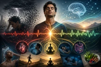 Ilustrácia muža v pokoji uprostred chaosu, znázorňujúca synchronizáciu srdca, mozgu a dýchania pomocou HRV