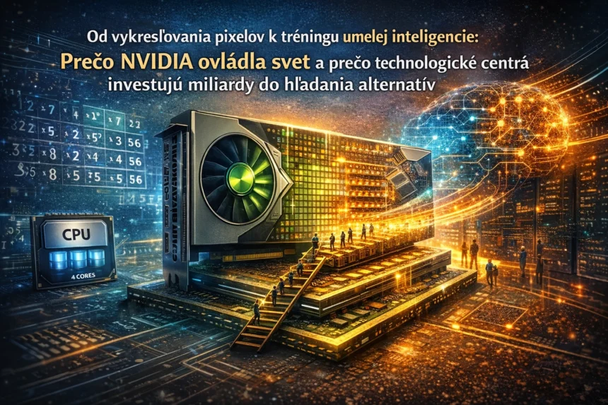 Ilustrácia GPU (grafickej karty) využívanej na tréning umelej inteligencie – prechod od vykresľovania grafiky k paralelnému spracovaniu dát pomocou tisícov jadier
