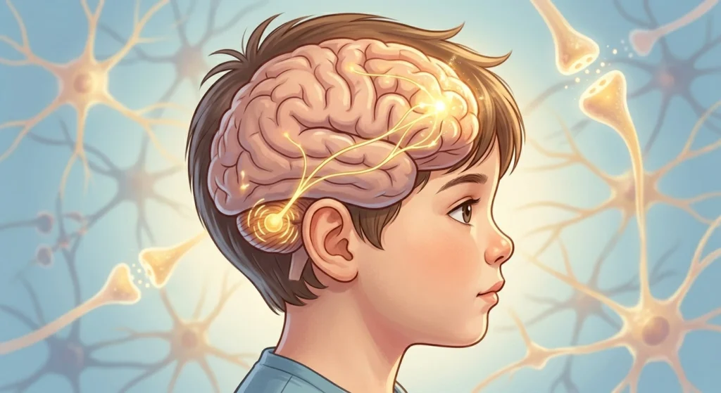 Detailná ilustrácia profilu hlavy dieťaťa, vizuálne znázorňujúca prepojenie medzi vestibulárnym systémom a prefrontálnym kortexom.